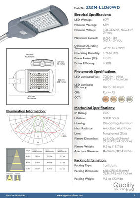 CRI 75 65 Watt High Power LED lampu 7200 lm untuk penerangan jalan